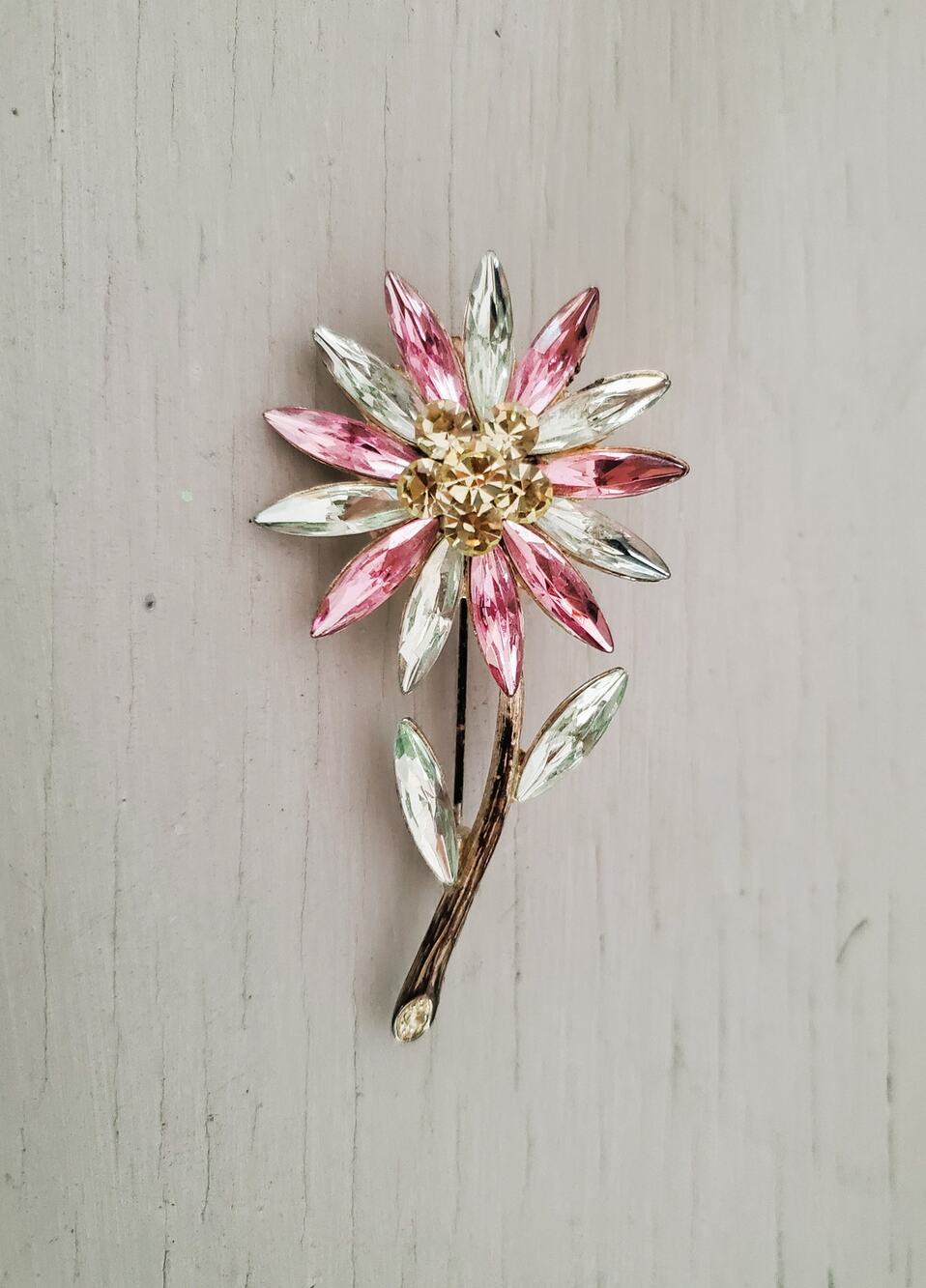 Vintage Pastel Rhinestone Daisy Brooch Pin